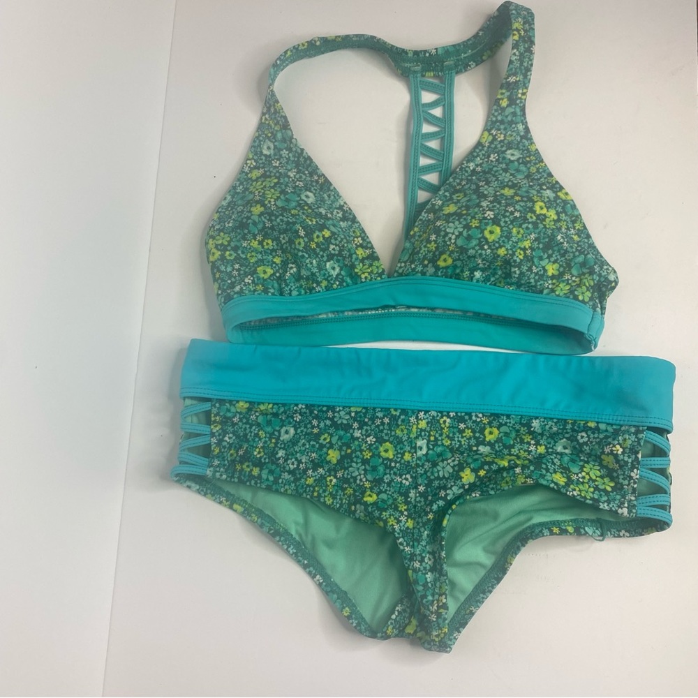 Athleta size small 2 piece Swim Suit Green Floral Boy Shorts